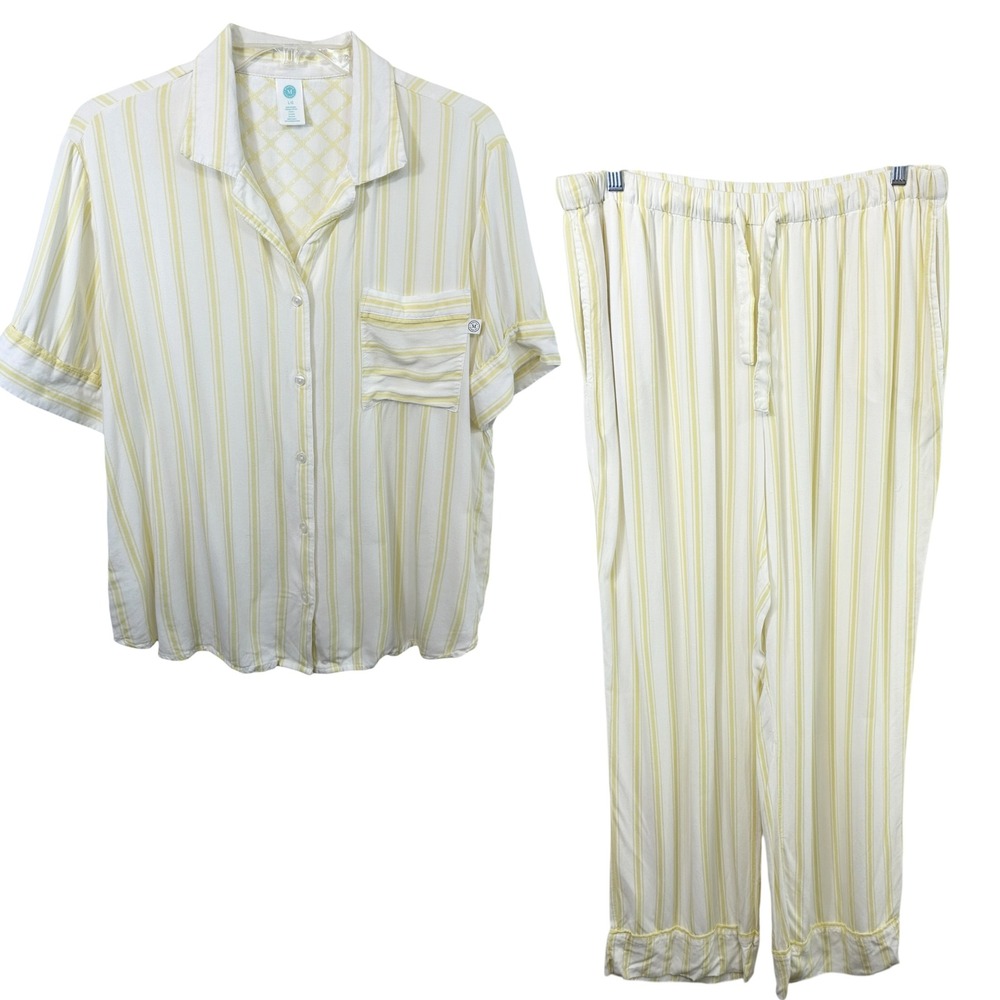 Martha Stewart Large Pajama Set Yellow White Striped Rayon Short Sleeve 497